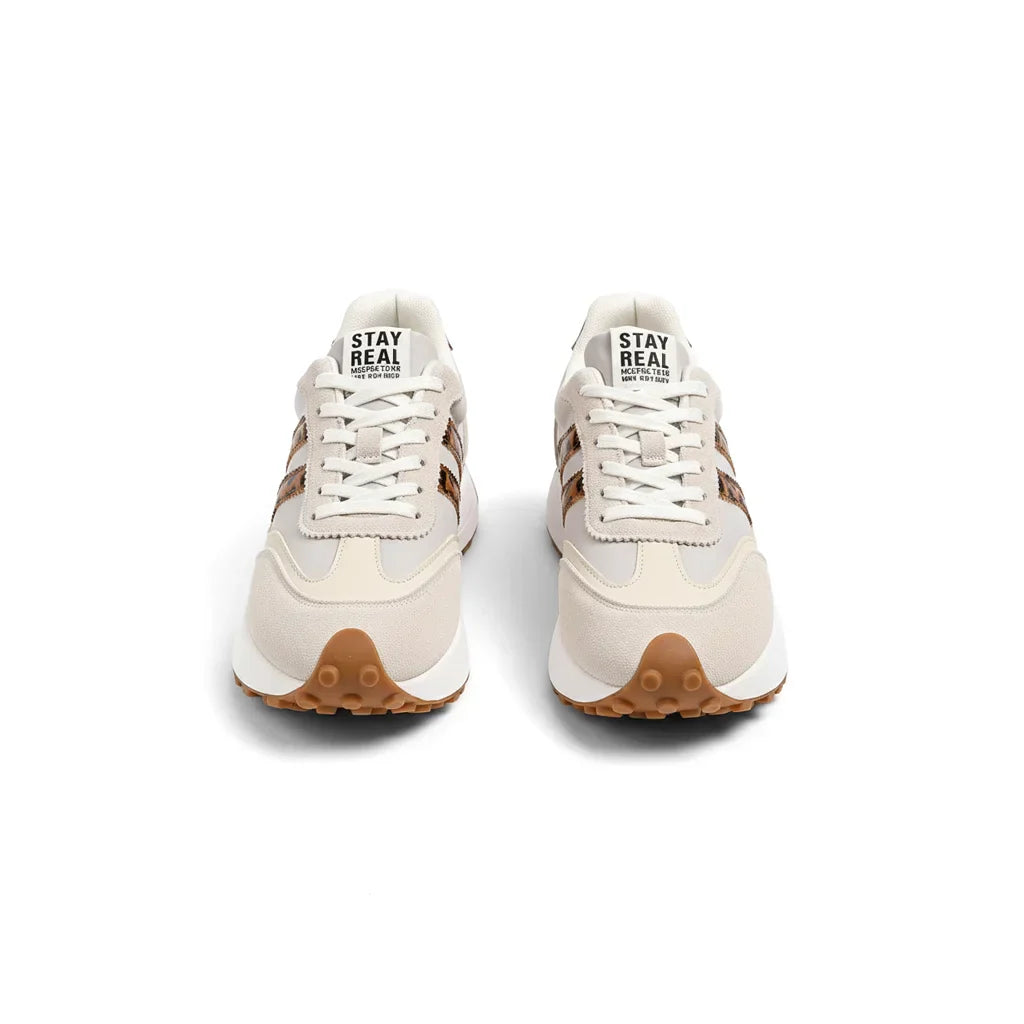 Gestreifte Freizeit-Sneaker CloudLane | Off-White mit Leopardenmuster