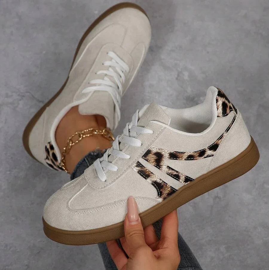 Damen Sneaker Beige mit Leopardenmuster und Gummisohle